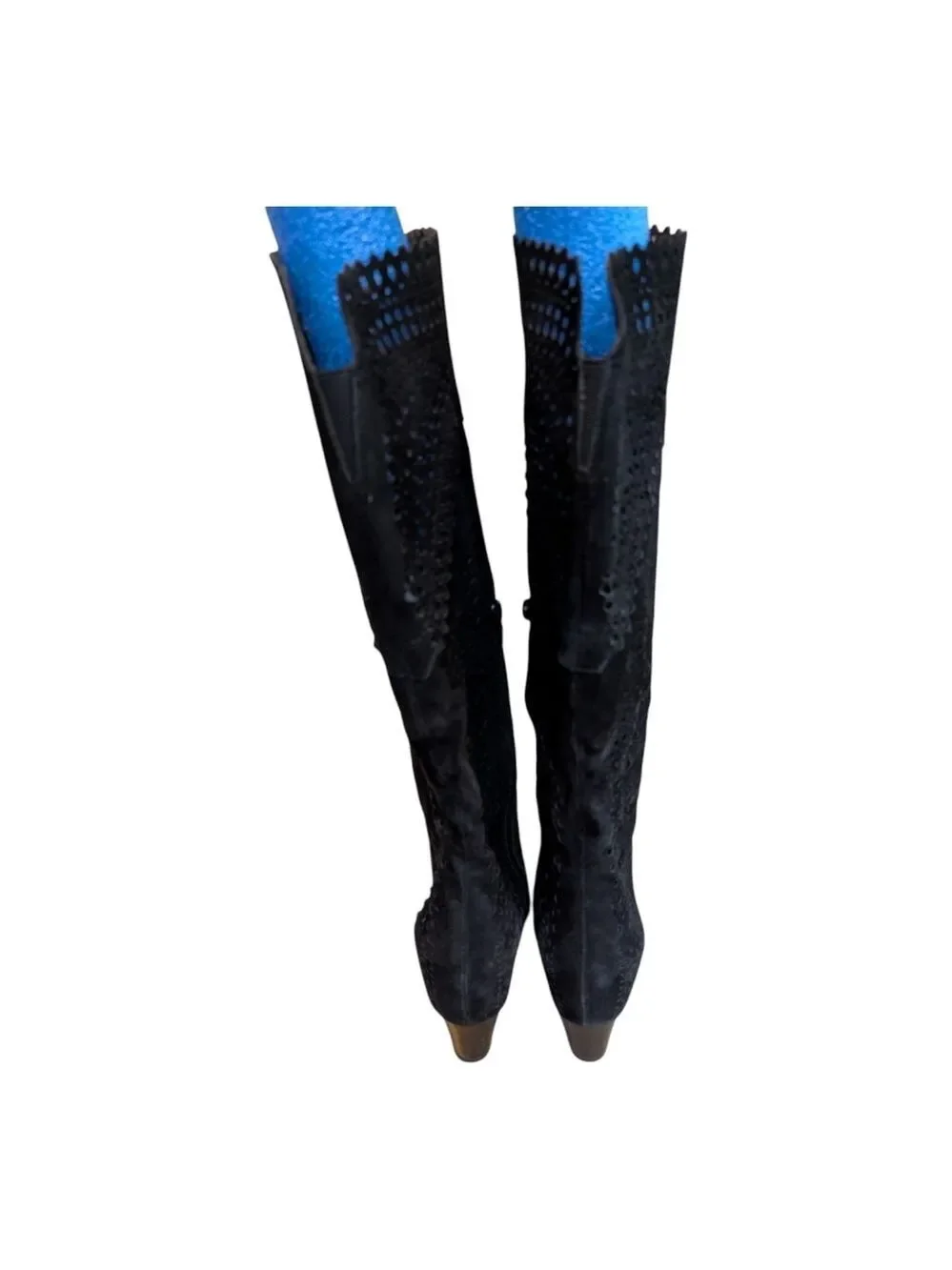 Sofft Brighton Black Suede Leather Wedge Boots Womens 7.5 Tall Knee High Laser